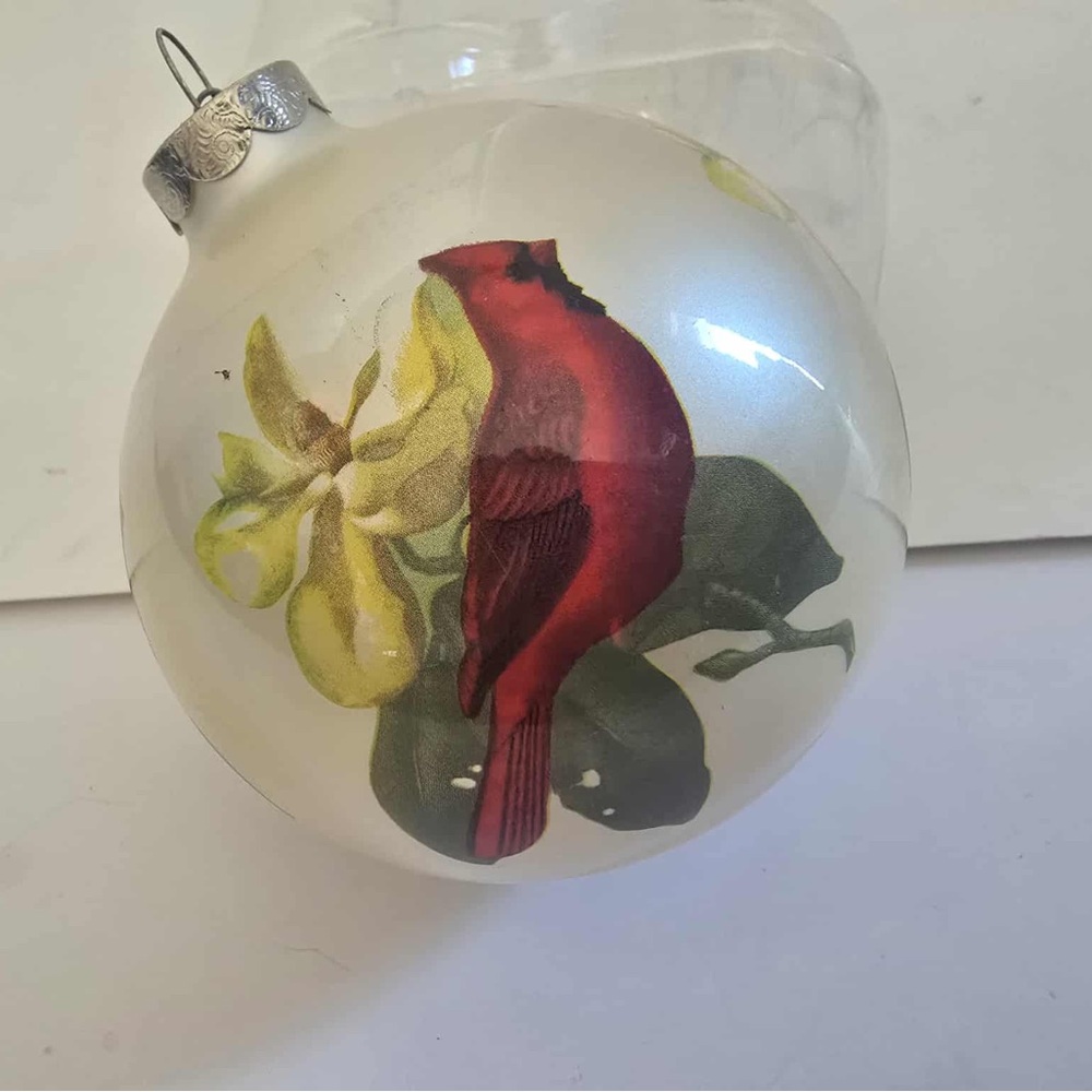Christmas Ornament  Red Cardinal overlay on white  glass bulb